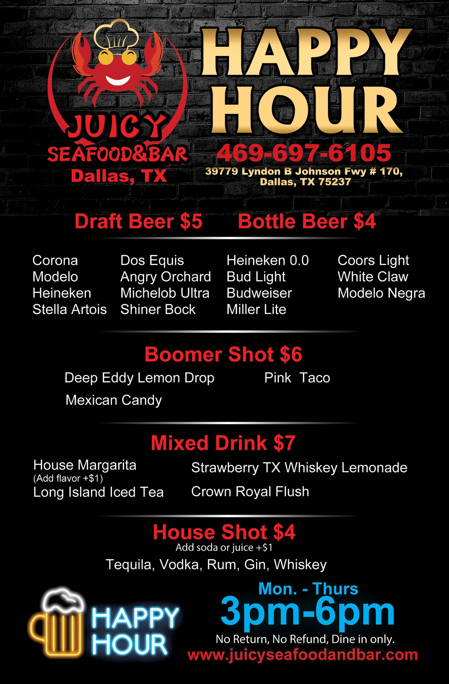 Juicy Seafood&Bar Dallas Happy Hour menu with drink prices and hours